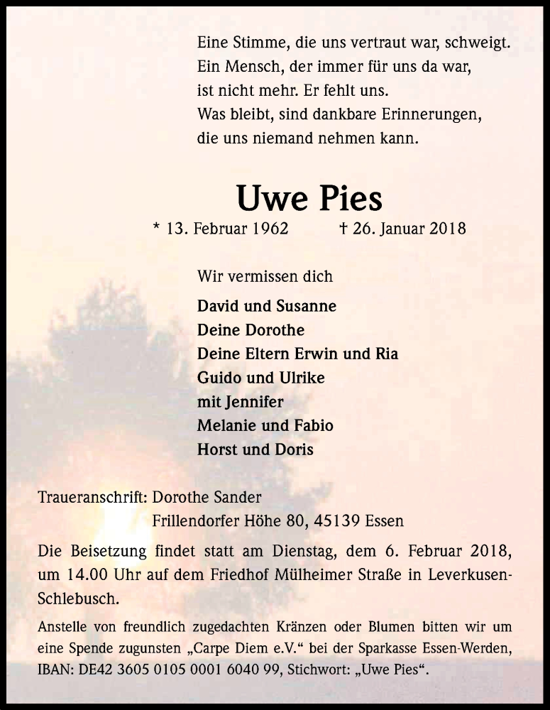  Traueranzeige für Uwe Pies vom 03.02.2018 aus Kölner Stadt-Anzeiger / Kölnische Rundschau / Express