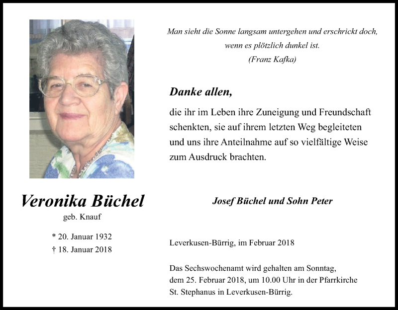  Traueranzeige für Veronika Büchel vom 17.02.2018 aus Kölner Stadt-Anzeiger / Kölnische Rundschau / Express
