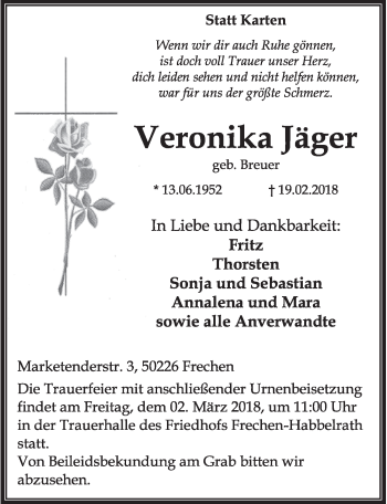 Anzeige von Veronika Jäger von  Sonntags-Post 