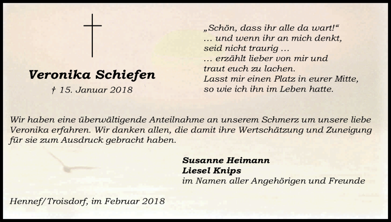  Traueranzeige für Veronika Schiefen vom 17.02.2018 aus Kölner Stadt-Anzeiger / Kölnische Rundschau / Express