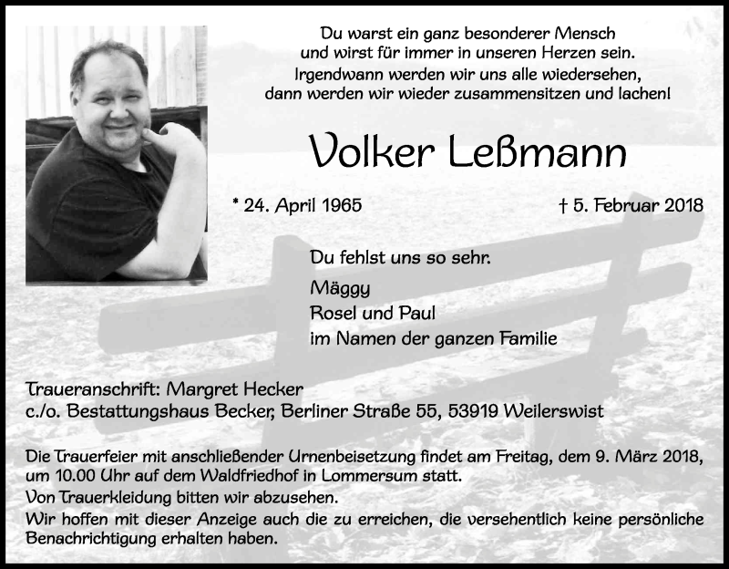  Traueranzeige für Volker Leßmann vom 24.02.2018 aus Kölner Stadt-Anzeiger / Kölnische Rundschau / Express