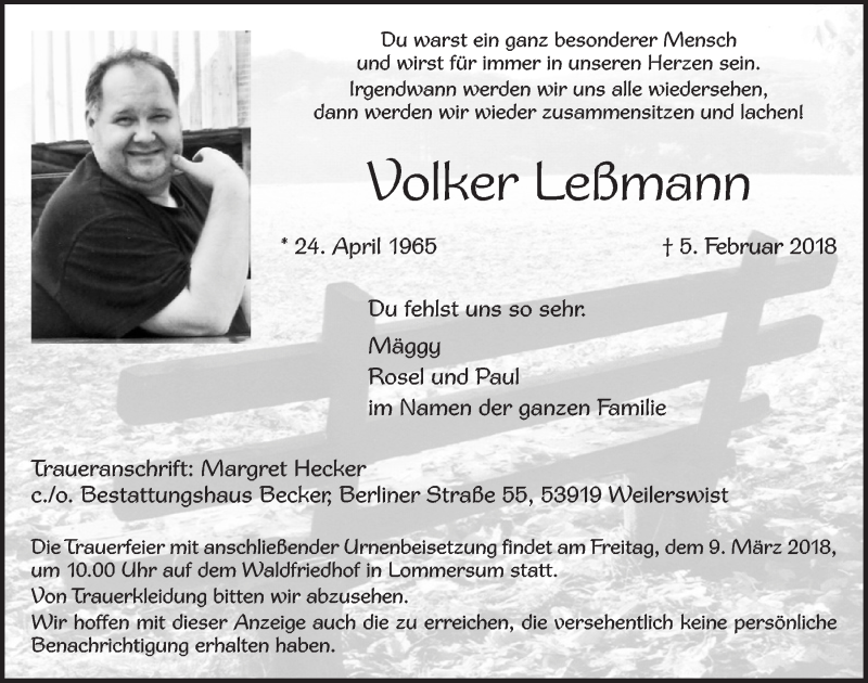  Traueranzeige für Volker Leßmann vom 24.02.2018 aus  Blickpunkt Euskirchen 