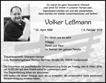 Anzeige von Volker Leßmann von Kölner Stadt-Anzeiger / Kölnische Rundschau / Express