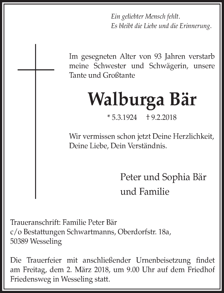  Traueranzeige für Walburga Bär vom 28.02.2018 aus  Schlossbote/Werbekurier 