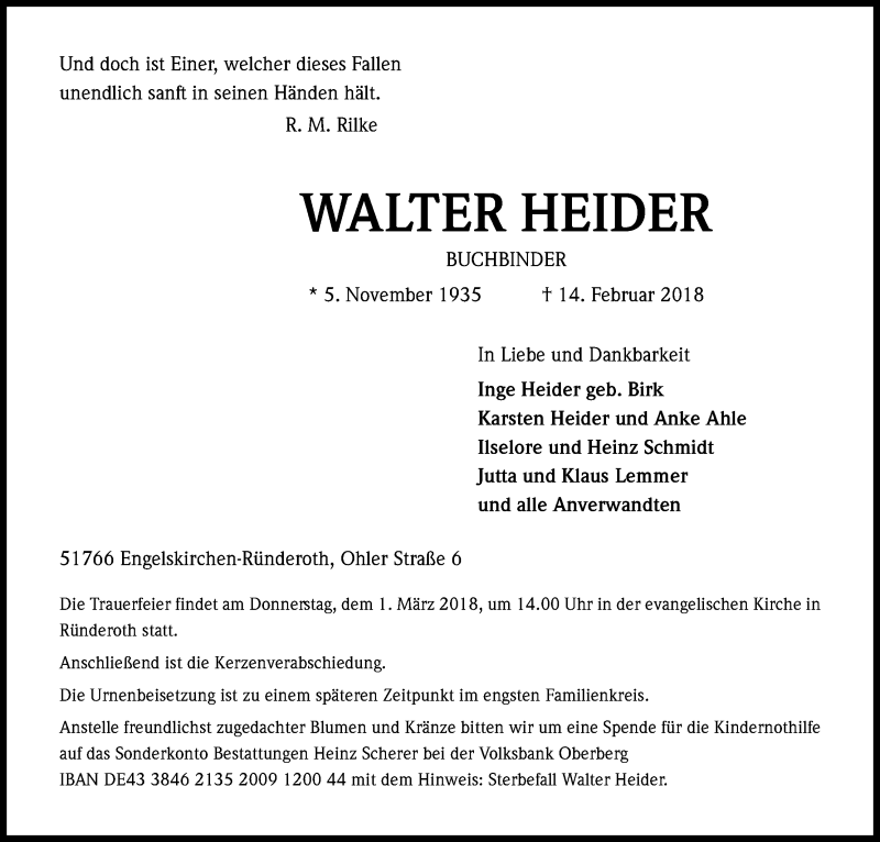  Traueranzeige für Walter Heider vom 17.02.2018 aus Kölner Stadt-Anzeiger / Kölnische Rundschau / Express