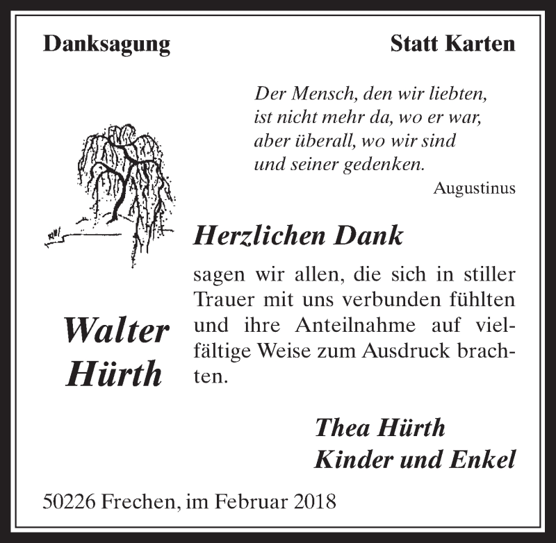  Traueranzeige für Walter Hürth vom 21.02.2018 aus  Wochenende 