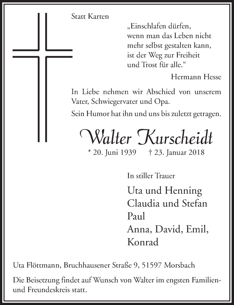  Traueranzeige für Walter Kurscheidt vom 31.01.2018 aus  Lokalanzeiger 