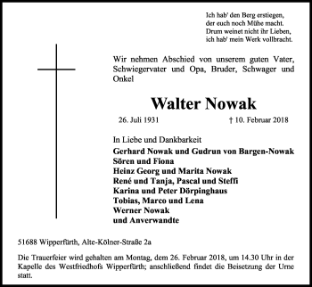 Anzeige von Walter Nowak von Kölner Stadt-Anzeiger / Kölnische Rundschau / Express