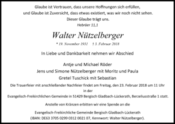 Anzeige von Walter Nützelberger von Kölner Stadt-Anzeiger / Kölnische Rundschau / Express
