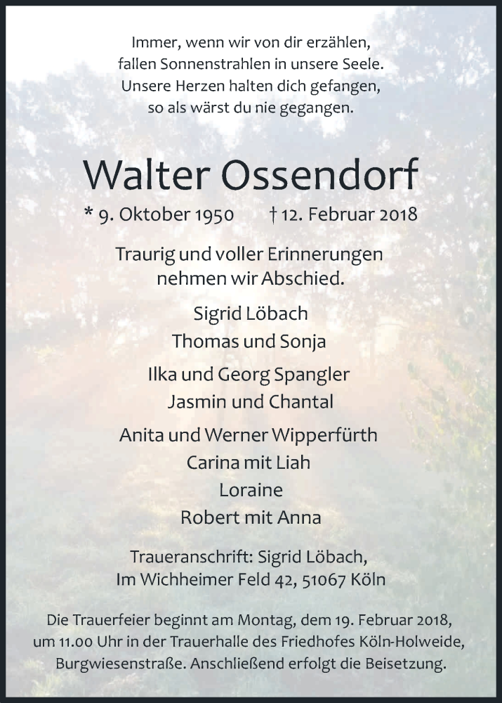  Traueranzeige für Walter Ossendorf vom 17.02.2018 aus Kölner Stadt-Anzeiger / Kölnische Rundschau / Express