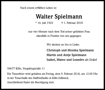 Anzeige von Walter Spielmann von Kölner Stadt-Anzeiger / Kölnische Rundschau / Express