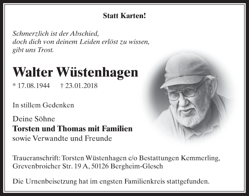  Traueranzeige für Walter Wüstenhagen vom 31.01.2018 aus  Werbepost 