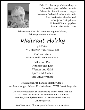 Anzeige von Waltraut Holzky von Kölner Stadt-Anzeiger / Kölnische Rundschau / Express