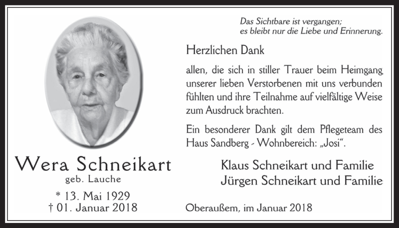  Traueranzeige für Wera Schneikart vom 31.01.2018 aus  Werbepost 