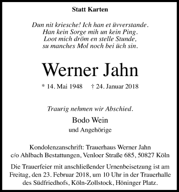 Anzeige von Werner Jahn von Kölner Stadt-Anzeiger / Kölnische Rundschau / Express