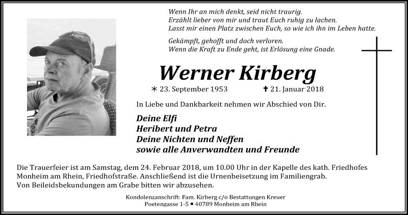  Traueranzeige für Werner Kirberg vom 17.02.2018 aus Kölner Stadt-Anzeiger / Kölnische Rundschau / Express