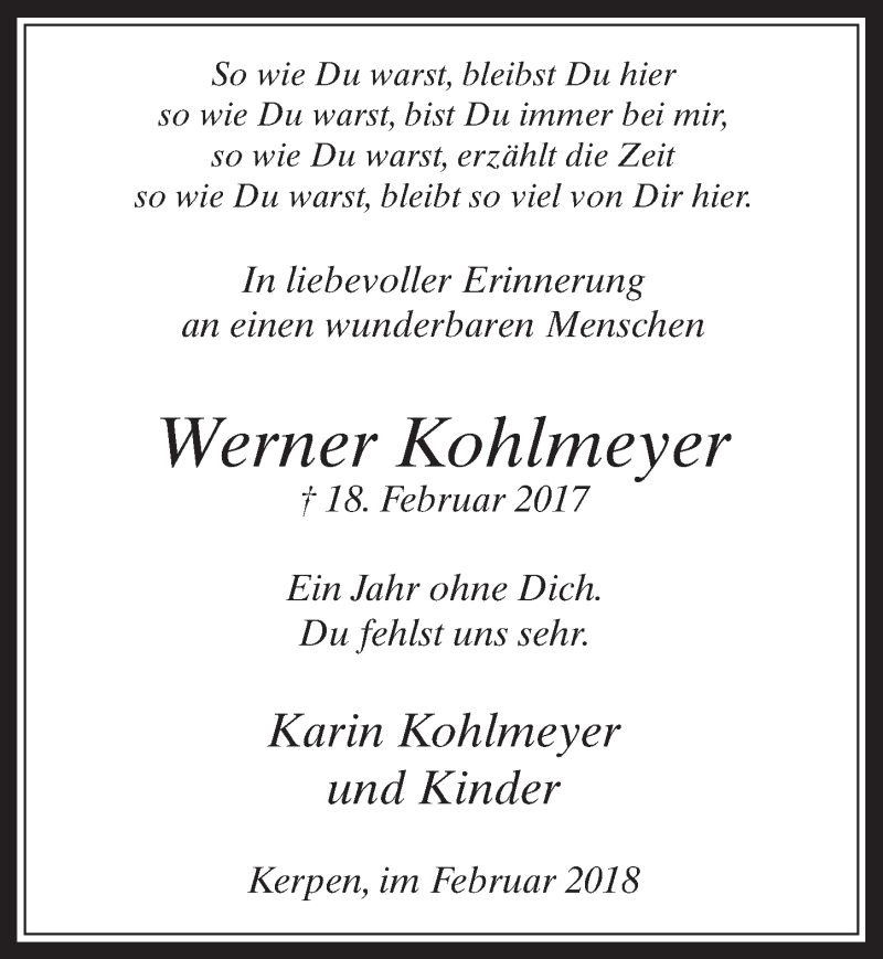  Traueranzeige für Werner Kohlmeyer vom 14.02.2018 aus  Werbepost 