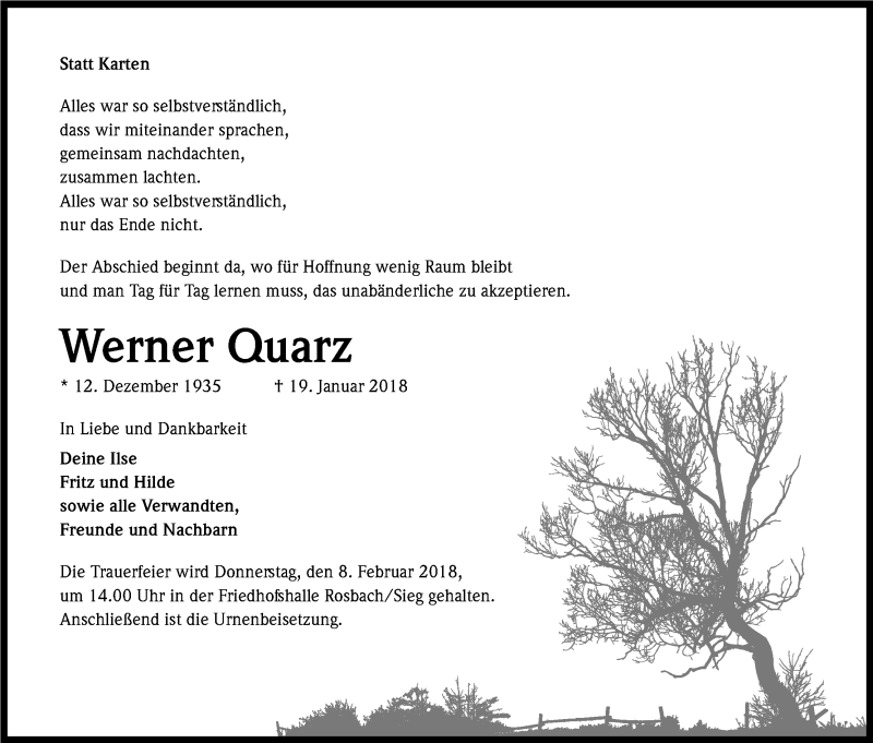  Traueranzeige für Werner Quarz vom 03.02.2018 aus Kölner Stadt-Anzeiger / Kölnische Rundschau / Express