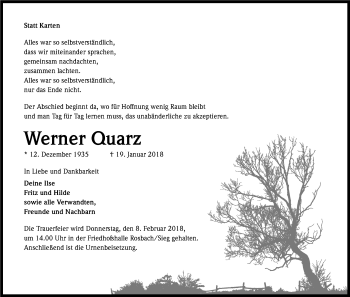 Anzeige von Werner Quarz von Kölner Stadt-Anzeiger / Kölnische Rundschau / Express