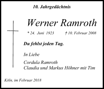 Anzeige von Werner Ramroth von Kölner Stadt-Anzeiger / Kölnische Rundschau / Express