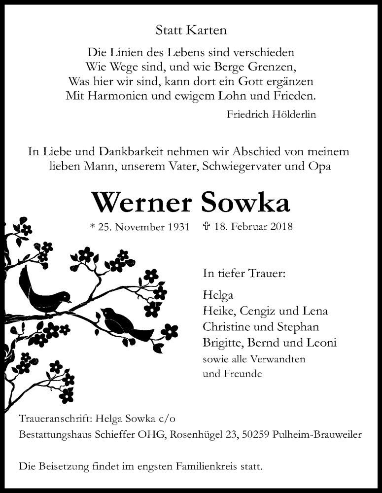  Traueranzeige für Werner Sowka vom 24.02.2018 aus Kölner Stadt-Anzeiger / Kölnische Rundschau / Express