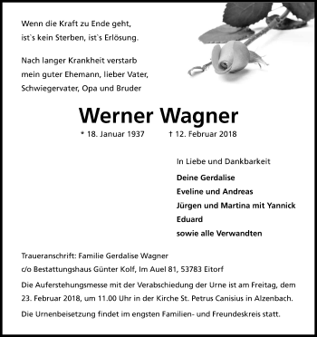Anzeige von Werner Wagner von Kölner Stadt-Anzeiger / Kölnische Rundschau / Express