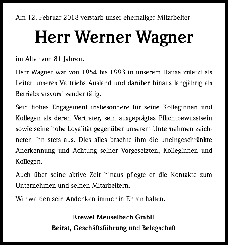  Traueranzeige für Werner Wagner vom 17.02.2018 aus Kölner Stadt-Anzeiger / Kölnische Rundschau / Express