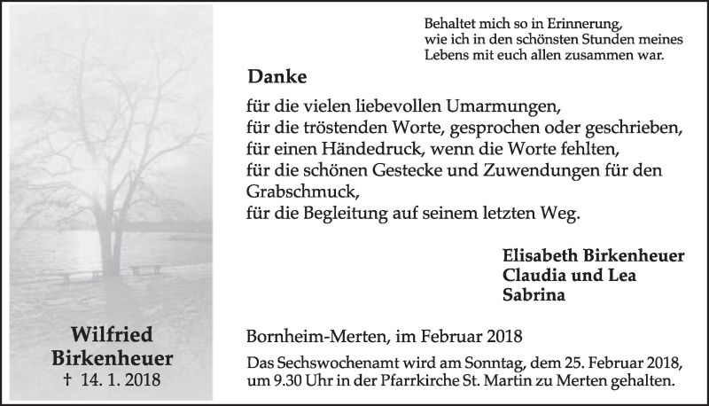  Traueranzeige für Wilfried Birkenheuer vom 14.02.2018 aus  Schlossbote/Werbekurier 
