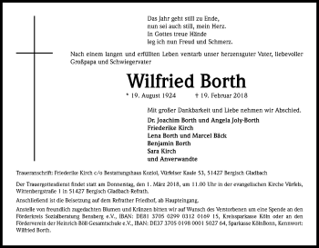 Anzeige von Wilfried Borth von Kölner Stadt-Anzeiger / Kölnische Rundschau / Express