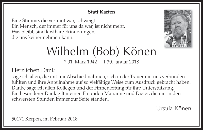  Traueranzeige für Wilhelm Könen vom 24.02.2018 aus  Sonntags-Post 