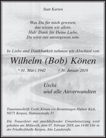 Anzeige von Wilhelm Könen von  Sonntags-Post 