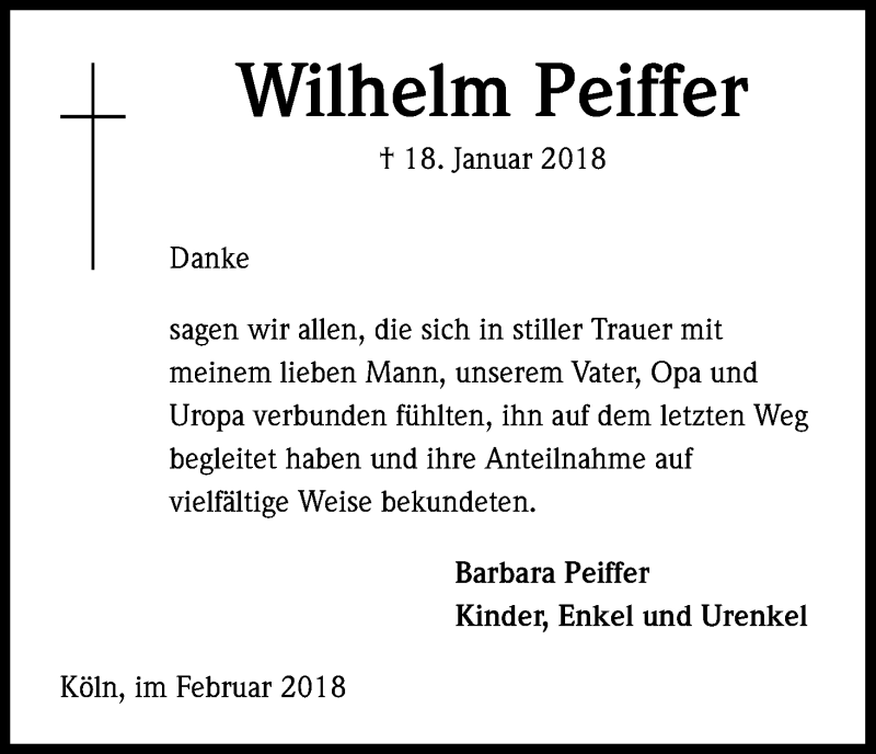  Traueranzeige für Wilhelm Peiffer vom 17.02.2018 aus Kölner Stadt-Anzeiger / Kölnische Rundschau / Express