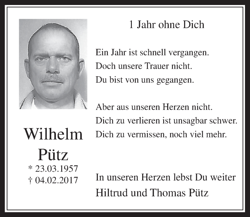  Traueranzeige für Wilhelm Pütz vom 31.01.2018 aus  Werbepost 