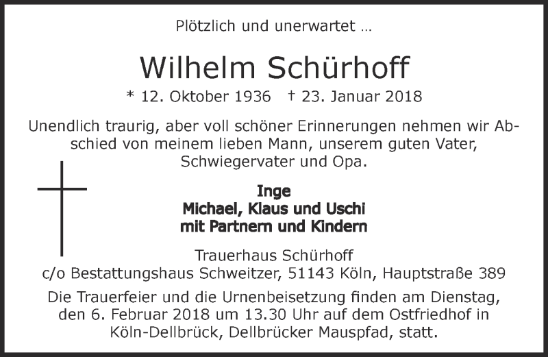  Traueranzeige für Wilhelm Schürhoff vom 31.01.2018 aus  Kölner Wochenspiegel 