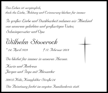 Anzeige von Wilhelm Stoverock von Kölner Stadt-Anzeiger / Kölnische Rundschau / Express