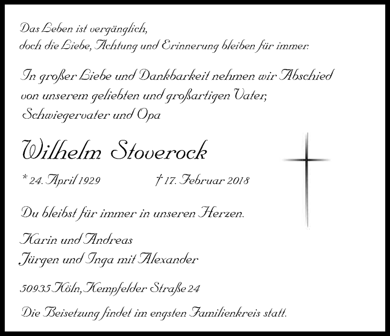  Traueranzeige für Wilhelm Stoverock vom 22.02.2018 aus Kölner Stadt-Anzeiger / Kölnische Rundschau / Express