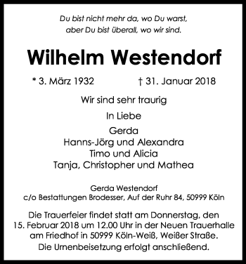Anzeige von Wilhelm Westendorf von Kölner Stadt-Anzeiger / Kölnische Rundschau / Express