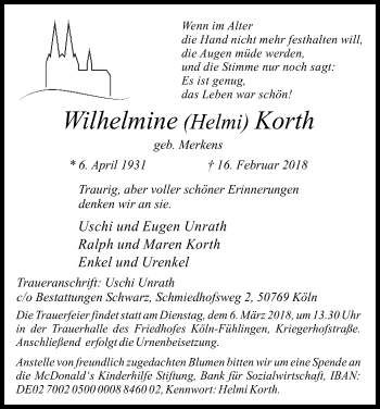 Anzeige von Wilhelmine Korth von Kölner Stadt-Anzeiger / Kölnische Rundschau / Express