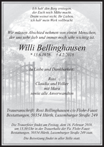 Anzeige von Willi Bellinghausen von  Wochenende 