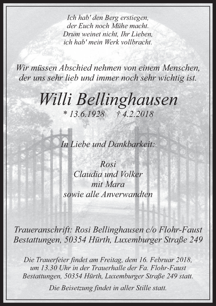  Traueranzeige für Willi Bellinghausen vom 14.02.2018 aus  Wochenende 