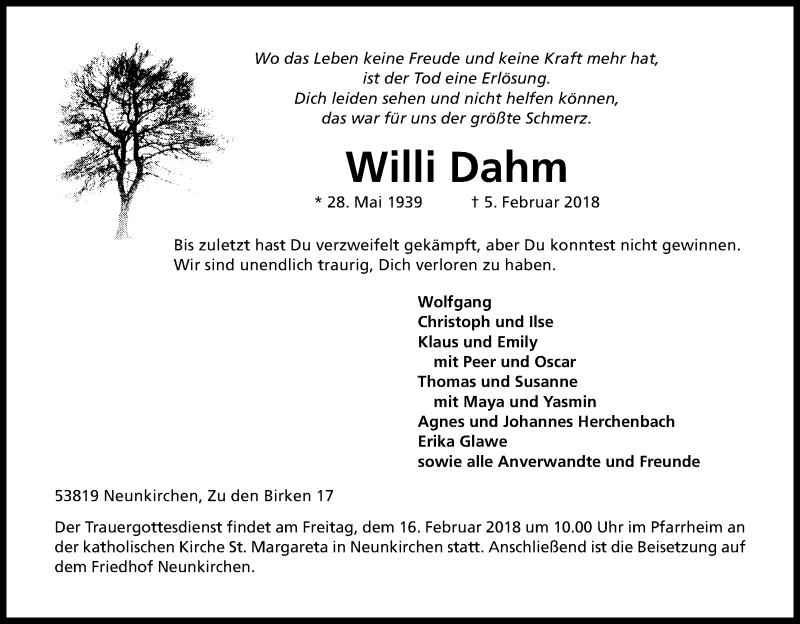  Traueranzeige für Willi Dahm vom 14.02.2018 aus Kölner Stadt-Anzeiger / Kölnische Rundschau / Express