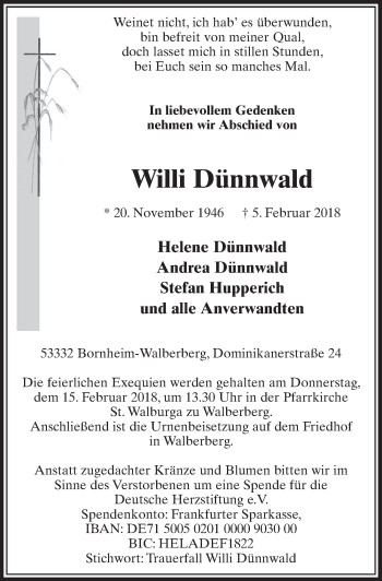 Anzeige von Willi Dünnwald von  Schlossbote/Werbekurier 
