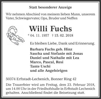 Anzeige von Willi Fuchs von  Werbepost 