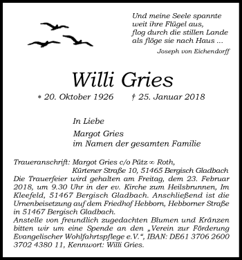 Anzeige von Willi Gries von Kölner Stadt-Anzeiger / Kölnische Rundschau / Express