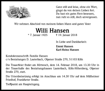 Anzeige von Willi Hansen von Kölner Stadt-Anzeiger / Kölnische Rundschau / Express