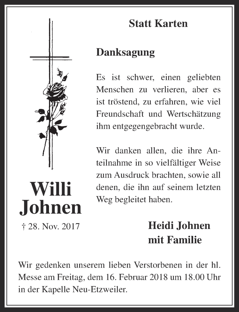  Traueranzeige für Willi Johnen vom 07.02.2018 aus  Werbepost 