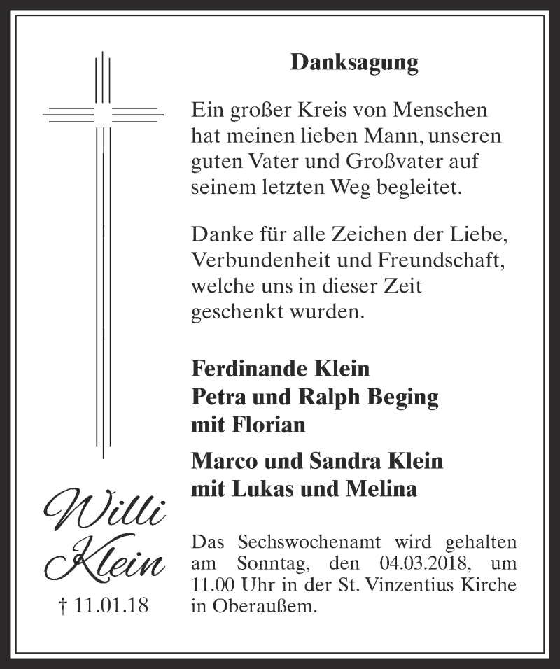  Traueranzeige für Willi Klein vom 28.02.2018 aus  Werbepost 