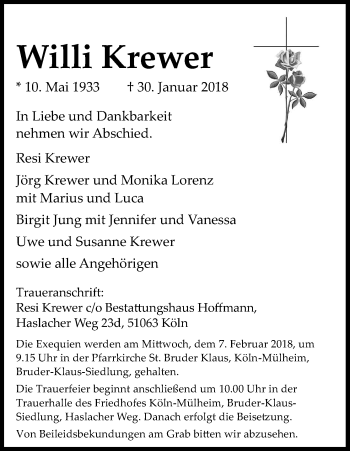Anzeige von Willi Krewer von Kölner Stadt-Anzeiger / Kölnische Rundschau / Express