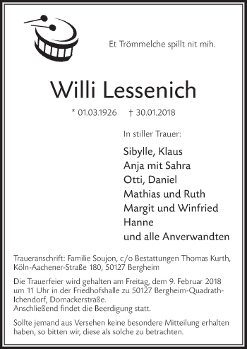 Anzeige von Willi Lessenich von  Sonntags-Post 