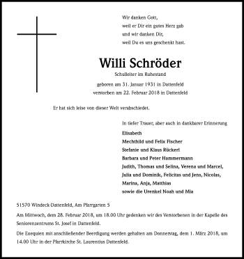 Anzeige von Willi Schröder von Kölner Stadt-Anzeiger / Kölnische Rundschau / Express